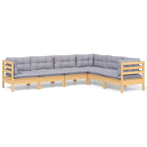vidaXL 6 Piece Garden Lounge Set with Grey Cushions Solid Pinewood