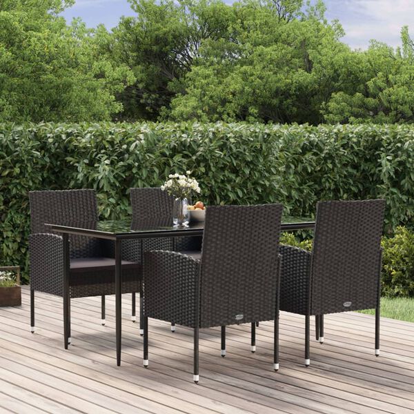 vidaXL 5 Piece Garden Dining Set with Cushions Black Poly Rattan