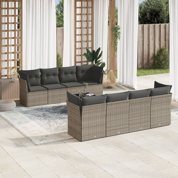 vidaXL 9 Piece Garden Sofa Set with Cushions Grey Poly Rattan