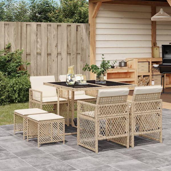 vidaXL 9 Piece Garden Dining Set with Cushions Beige Poly Rattan
