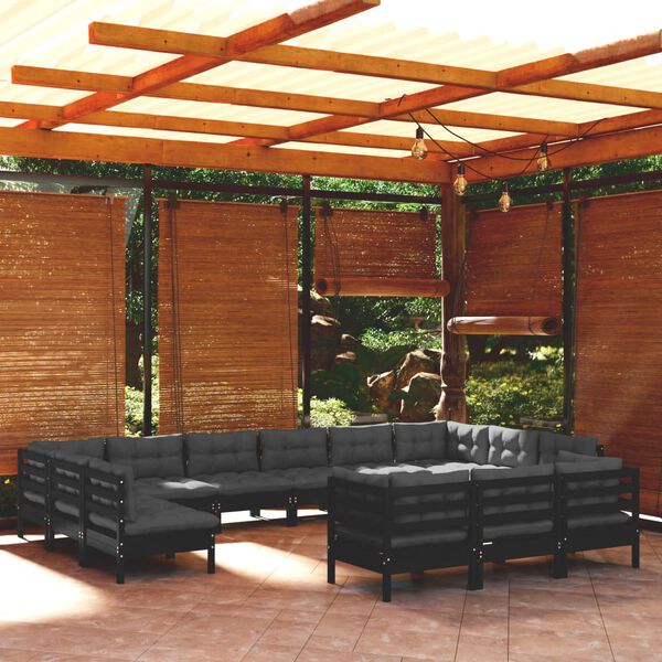 vidaXL 13 Piece Garden Lounge Set with Cushions Black Pinewood