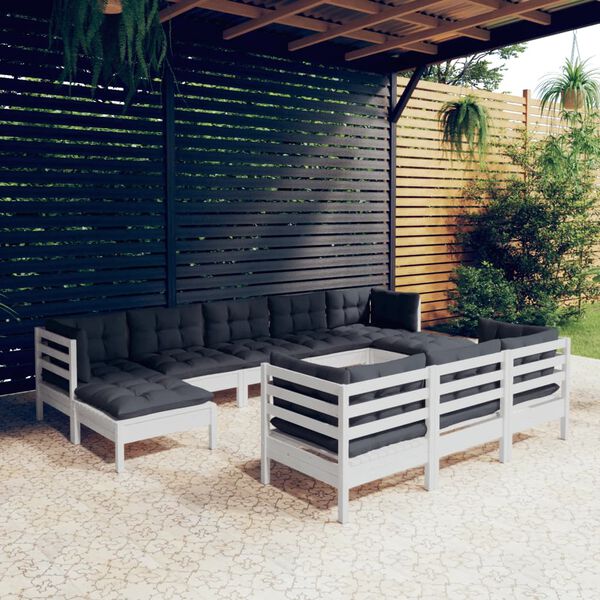 vidaXL 10 Piece Garden Lounge Set with Cushions White Solid Pinewood