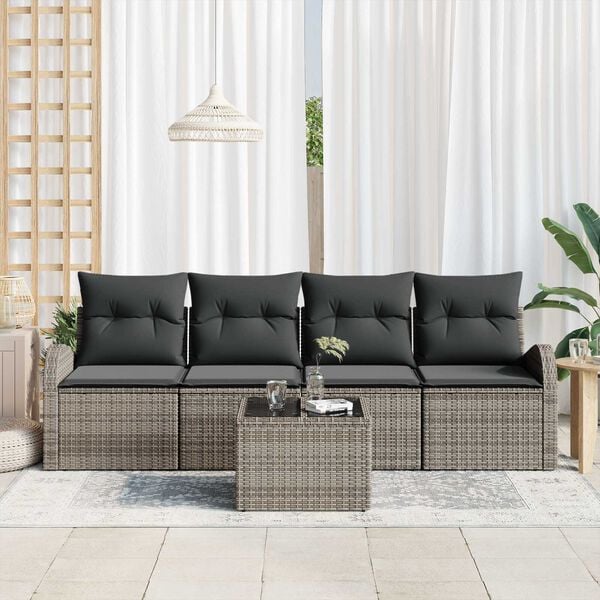 vidaXL Garden Sofa Set 5 pcs Grey Poly Rattan and Steel and Glass
