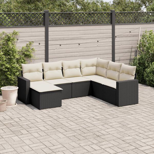 vidaXL 7 Piece Garden Sofa Set with Cushions Black Poly Rattan