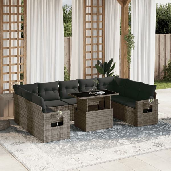 vidaXL 10 Piece Garden Sofa Set with Cushions Grey Poly Rattan