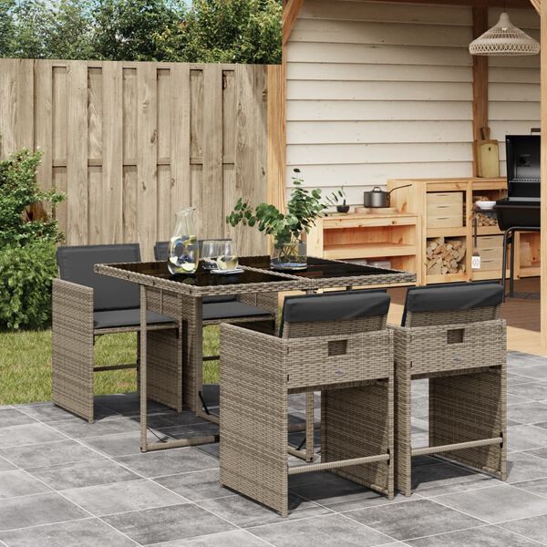 vidaXL 5 Piece Garden Dining Set with Cushions Grey Poly Rattan