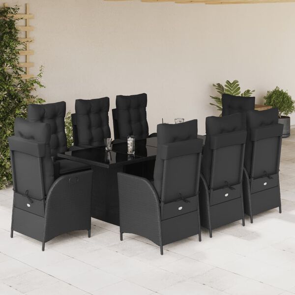 vidaXL 9 Piece Garden Dining Set with Cushions Black Poly Rattan