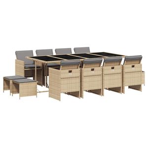 vidaXL 13 Piece Garden Dining Set with Cushions Mix Beige Poly Rattan