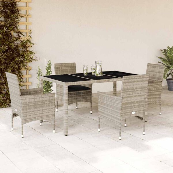 vidaXL 5 Piece Garden Dining Set with Cushions Light Grey Poly Rattan and Glass