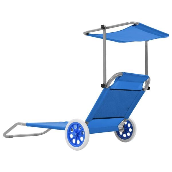 vidaXL Folding Sun Lounger with Canopy and Wheels Steel Blue