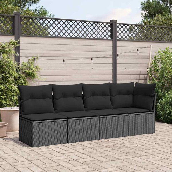 vidaXL Garden Sofa with Cushions 4-Seater Black Poly Rattan