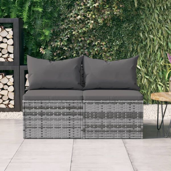 vidaXL Garden Middle Sofas with Cushions 2 pcs Grey Poly Rattan