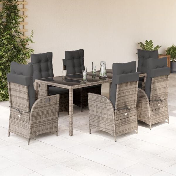 vidaXL 7 Piece Garden Dining Set with Cushions Grey Poly Rattan