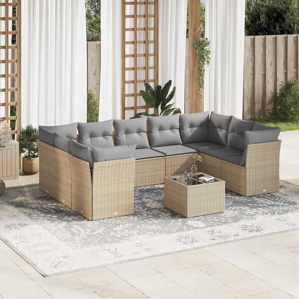 vidaXL 10 Piece Garden Sofa Set with Cushions Beige Poly Rattan