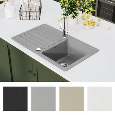 vidaXL Granite Kitchen Sink Single Basin with Drainer Reversible Grey