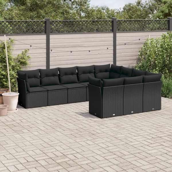 vidaXL 10 Piece Garden Sofa Set with Cushions Black Poly Rattan
