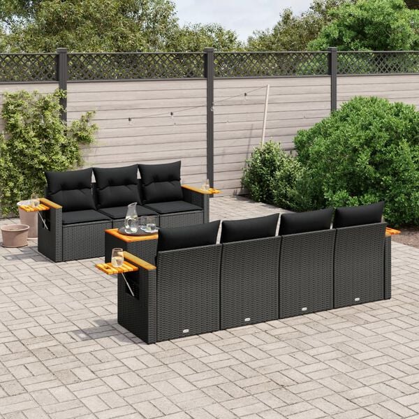 vidaXL 8 Piece Garden Sofa Set with Cushions Black Poly Rattan
