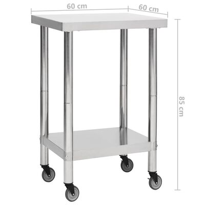 vidaXL Kitchen Work Table with Wheels 60x60x85 cm Stainless Steel