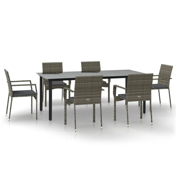 vidaXL 7 Piece Garden Dining Set with Cushions Black and Grey Poly Rattan