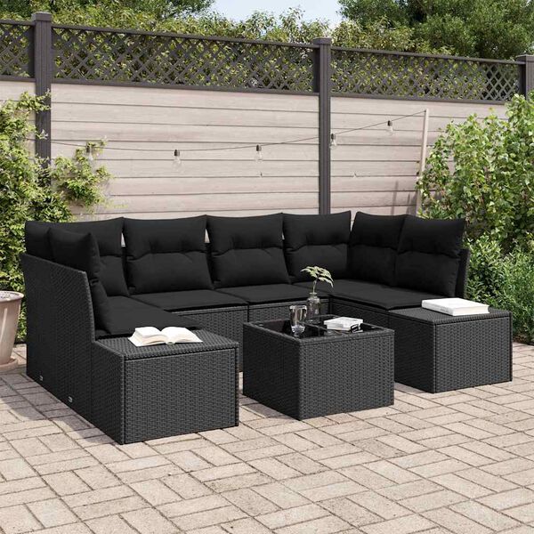 vidaXL Garden Sofa Set with Cushion 7 pcs Black Poly Rattan