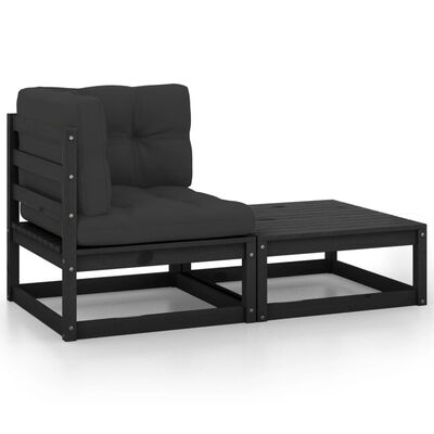 vidaXL 2 Piece Garden Lounge Set with Cushions Black Solid Pinewood