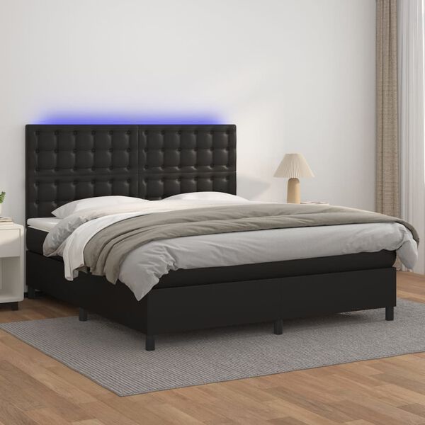 vidaXL Box Spring Bed with Mattress&LED Black 153x203 cm Queen Size Faux Leather