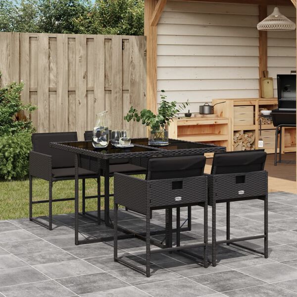 vidaXL 5 Piece Garden Dining Set with Cushions Black Poly Rattan