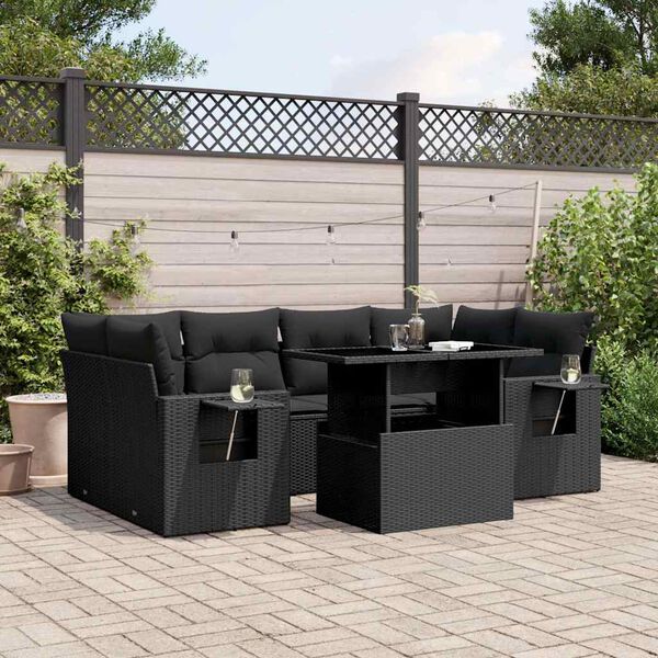 vidaXL 7 Piece Garden Sofa Set with Cushions Black Poly Rattan