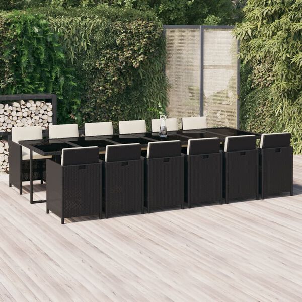 vidaXL 13 Piece Garden Dining Set with Cushions Poly Rattan Black