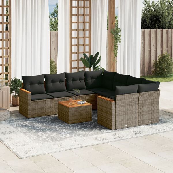 vidaXL 9 Piece Garden Sofa Set with Cushions Grey Poly Rattan