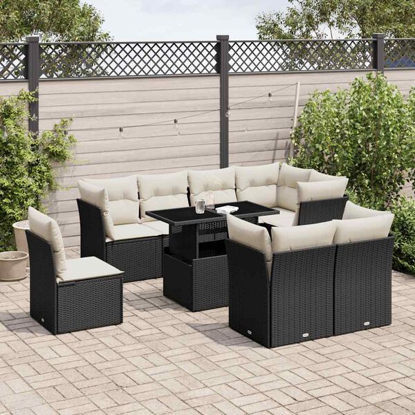 vidaXL 9 Piece Garden Sofa Set with Cushions Black Poly Rattan