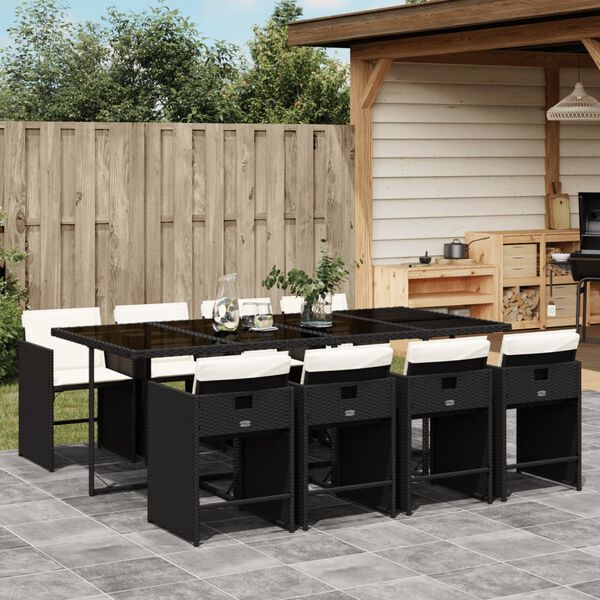 vidaXL 9 Piece Garden Dining Set with Cushions Black Poly Rattan
