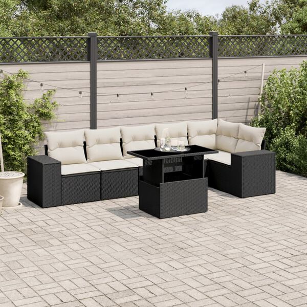 vidaXL 7 Piece Garden Sofa Set with Cushions Black Poly Rattan