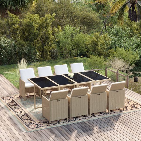 vidaXL 9 Piece Garden Dining Set with Cushions Poly Rattan Beige