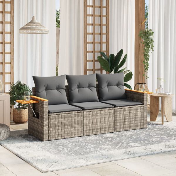 vidaXL 3 Piece Garden Sofa Set with Cushions Grey Poly Rattan