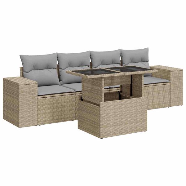 vidaXL 5 Piece Garden Sofa Set with Cushions Beige Poly Rattan