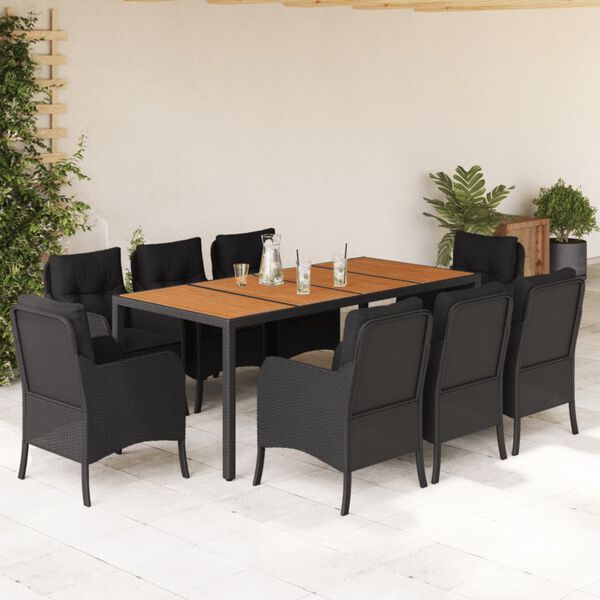 vidaXL 9 Piece Garden Dining Set with Cushions Black Poly Rattan