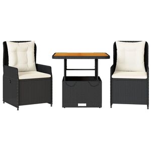 vidaXL 3 Piece Bistro Set with Cushions Black Poly Rattan
