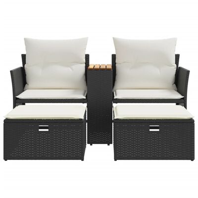 vidaXL Garden Sofa 2-Seater with Stools Black Poly Rattan