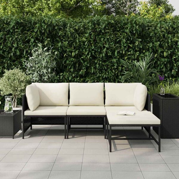 vidaXL 4 Piece Garden Sofa Set with Cushions Black Poly Rattan