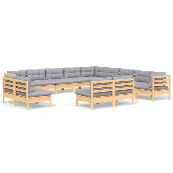 vidaXL 13 Piece Garden Lounge Set with Grey Cushions Solid Pinewood