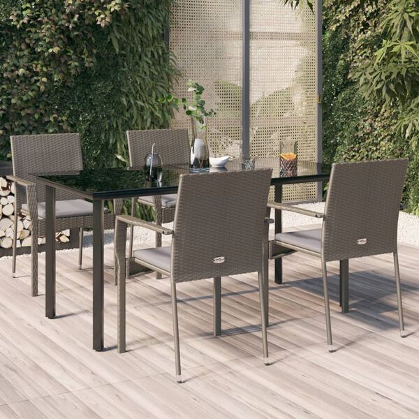 vidaXL 5 Piece Garden Dining Set with Cushions Black and Grey Poly Rattan