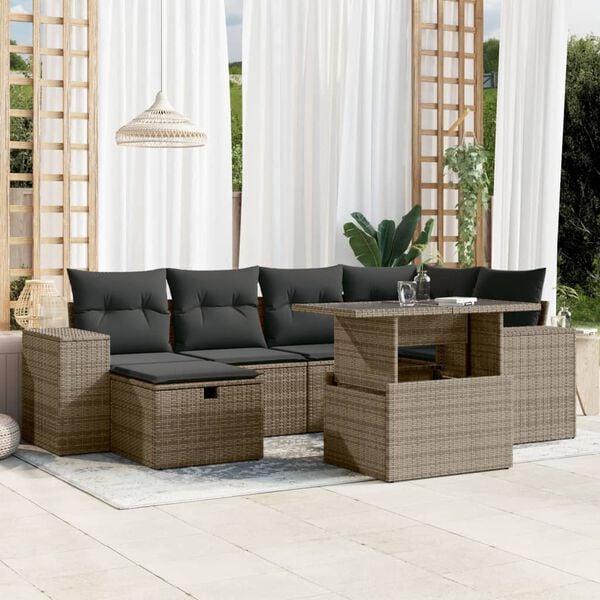 vidaXL 7 Piece Garden Sofa Set with Cushions Grey Poly Rattan