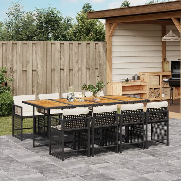 vidaXL 9 Piece Garden Dining Set with Cushions Black Poly Rattan