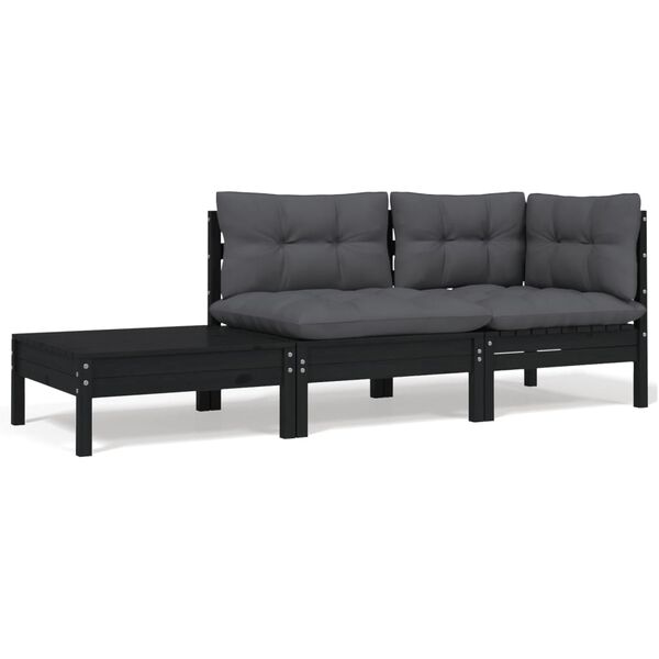 vidaXL 3 Piece Garden Lounge Set with Cushions Black Solid Pinewood