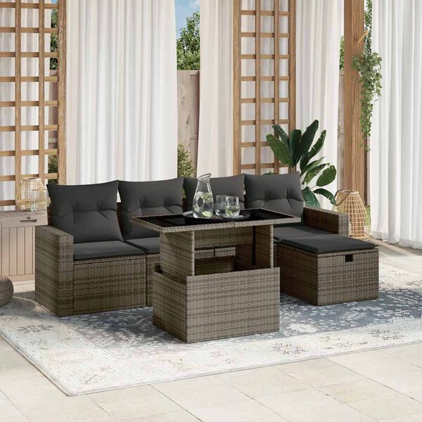 vidaXL 6 Piece Garden Sofa Set with Cushions Grey Poly Rattan