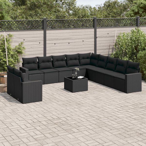 vidaXL 12 Piece Garden Sofa Set with Cushions Black Poly Rattan