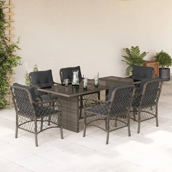 vidaXL 7 Piece Garden Dining Set with Cushions Grey Poly Rattan