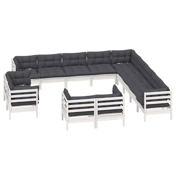 vidaXL 13 Piece Garden Lounge Set with Cushions White Solid Pinewood