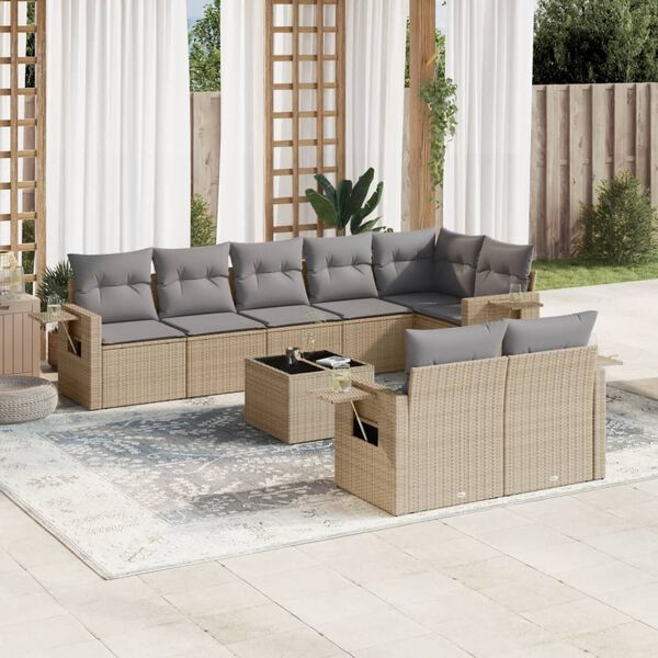 vidaXL 9 Piece Garden Sofa Set with Cushions Beige Poly Rattan